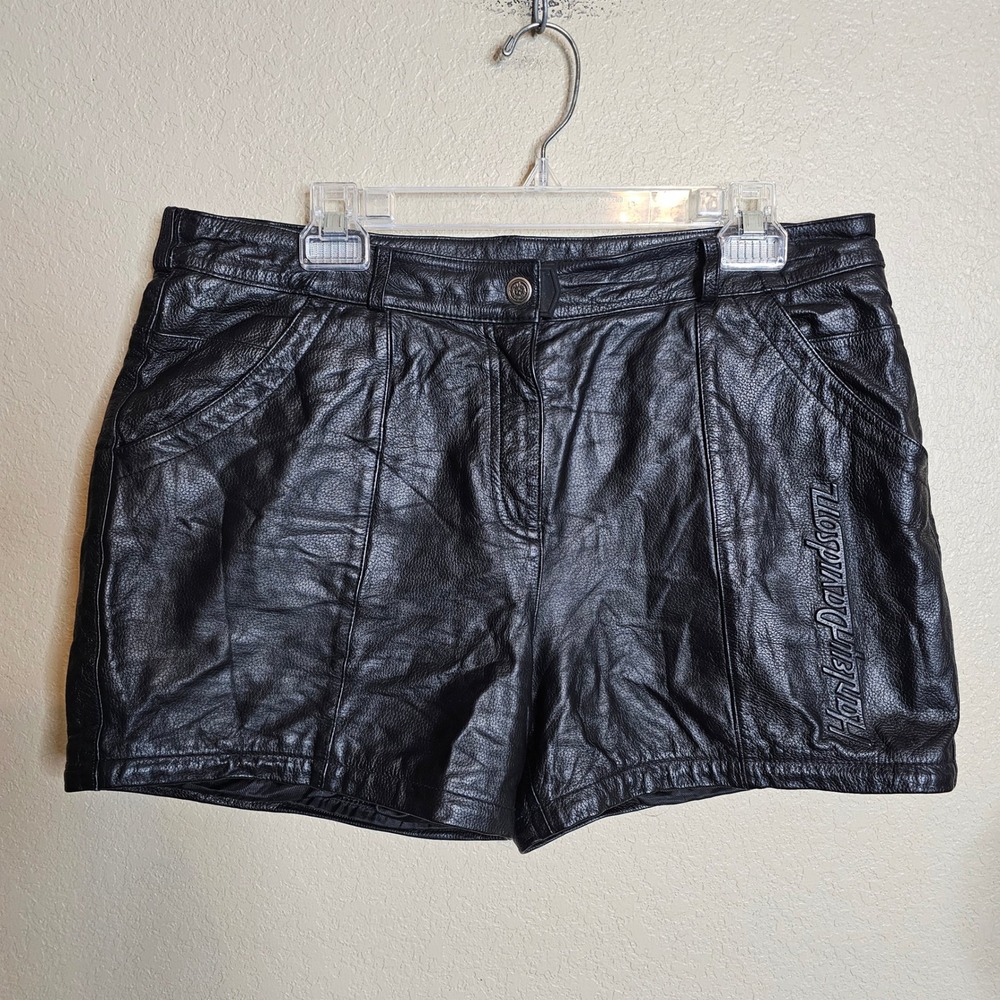 Harley Davidson 14 Womens Black Real Genuine Leather Biker Shorts Embossed Logo